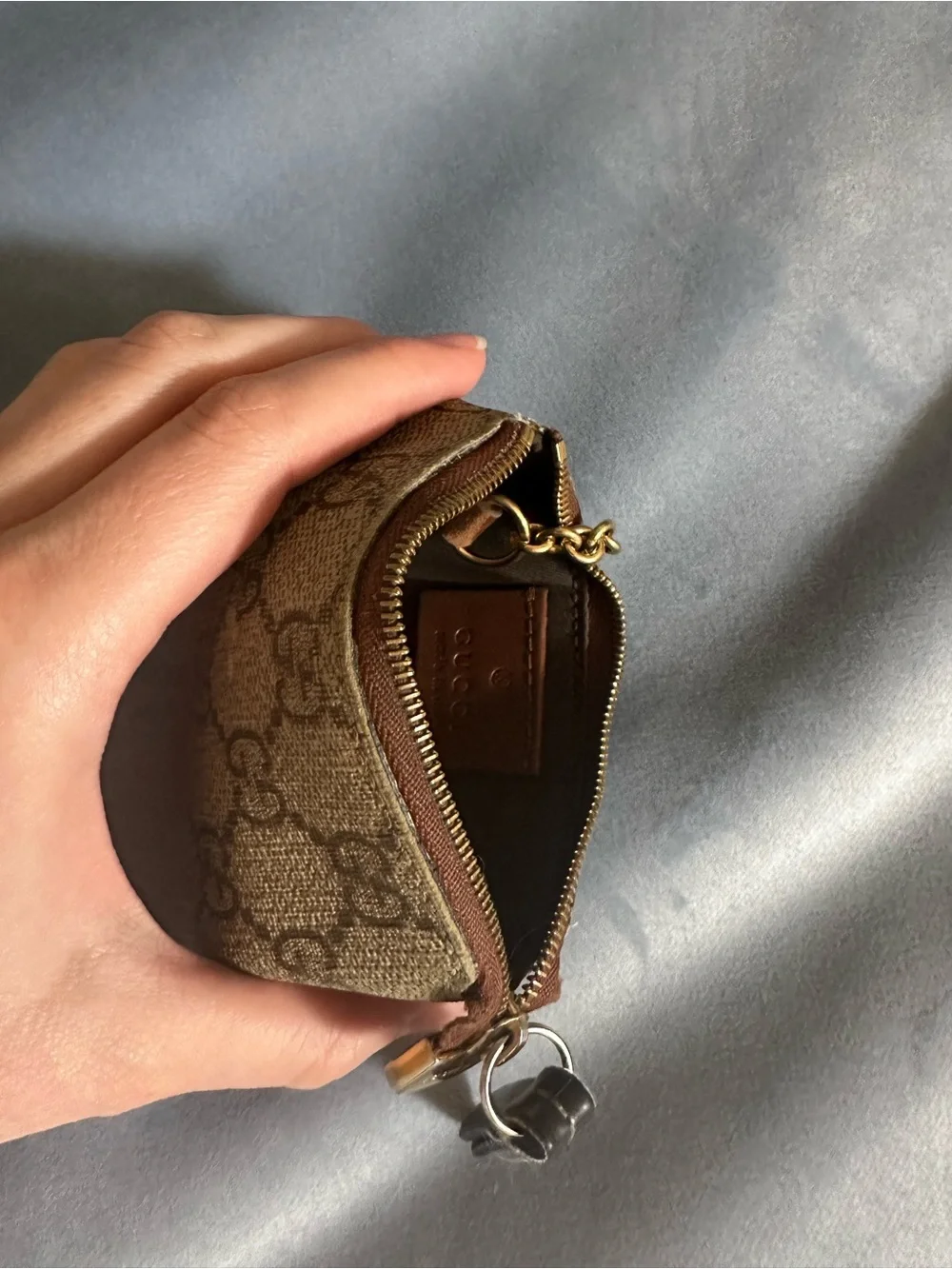 Gucci Beige/Brown GG Supreme Key Pouch with Gold Chain